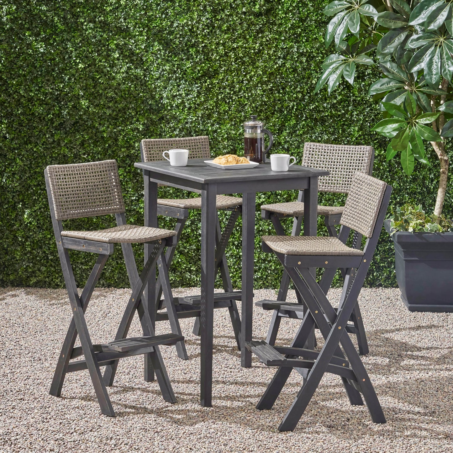 Elizabeth Outdoor 26" Square 5 Piece Wood and Wicker Bar Height Set