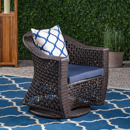 Big Sur Patio Swivel Chair, Wicker with Outdoor Cushions, Multi-Brown, Navy Blue