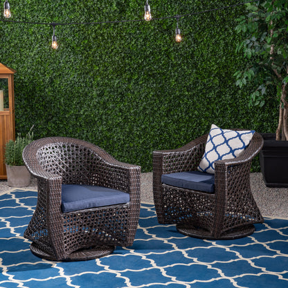 Big Sur Patio Swivel Chair, Wicker with Outdoor Cushions, Multi-Brown, Navy Blue