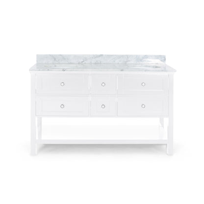 Douvier Contemporary 60" Wood Double Sink Bathroom Vanity with Marble Counter Top with Carrara White Marble