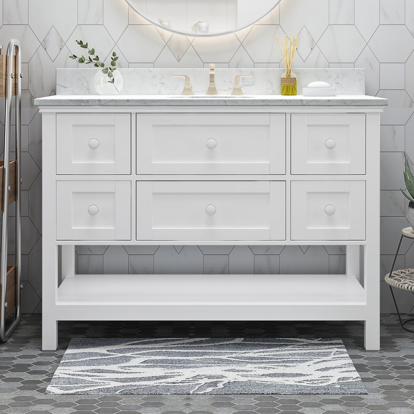 Douvier Contemporary 48" Wood Single Sink Bathroom Vanity with Marble Counter Top with Carrara White Marble