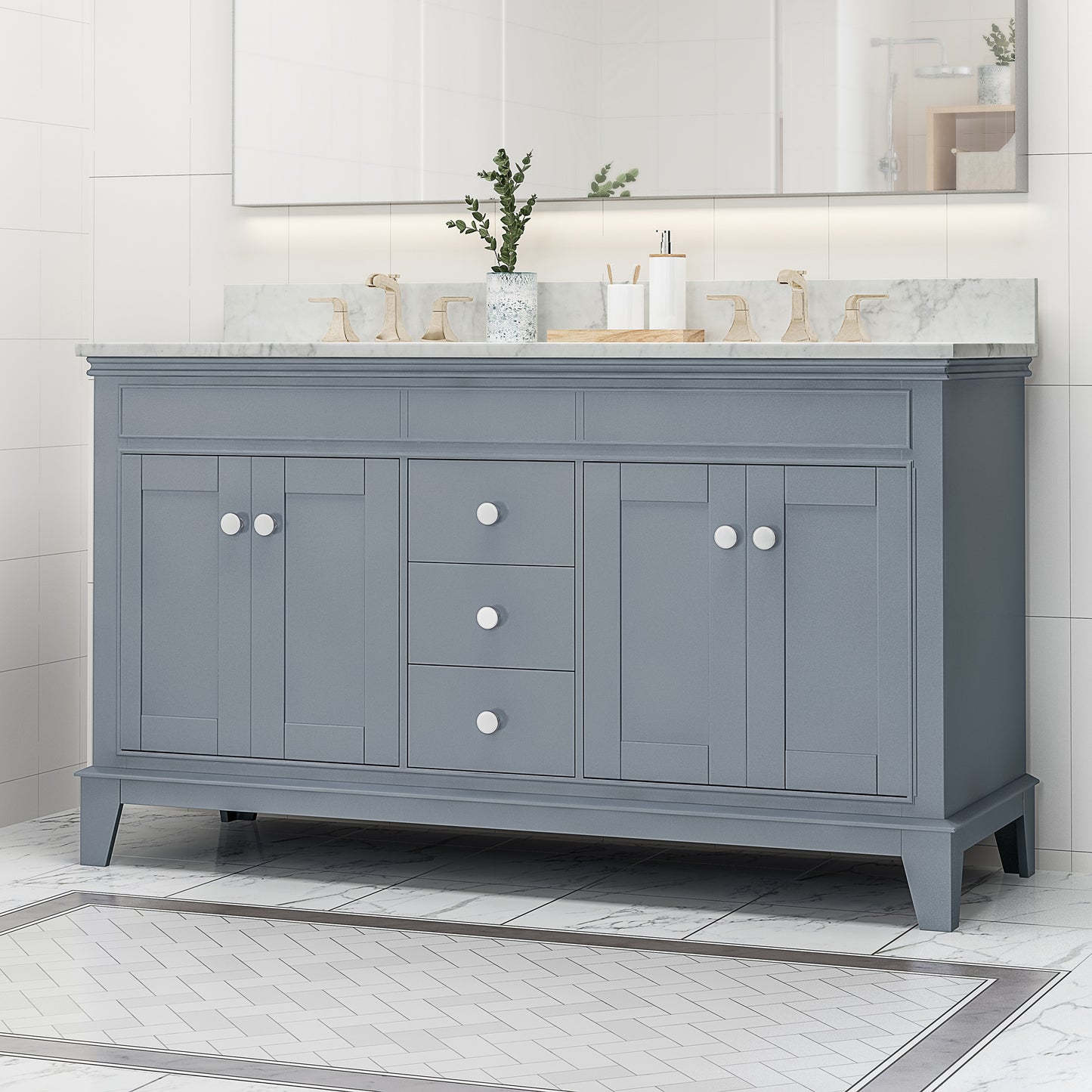 Feldspar Contemporary 60" Wood Double Sink Bathroom Vanity with Marble Counter Top with Carrara White Marble