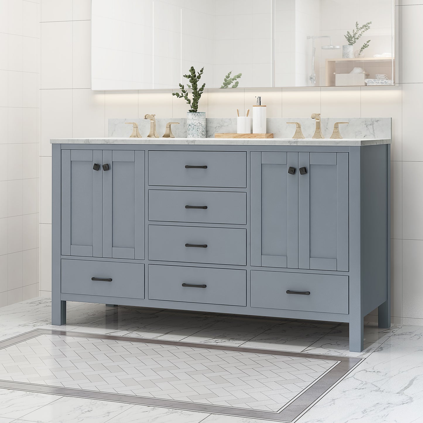 Laranne Contemporary 60" Wood Double Sink Bathroom Vanity with Marble Counter Top with Carrara White Marble