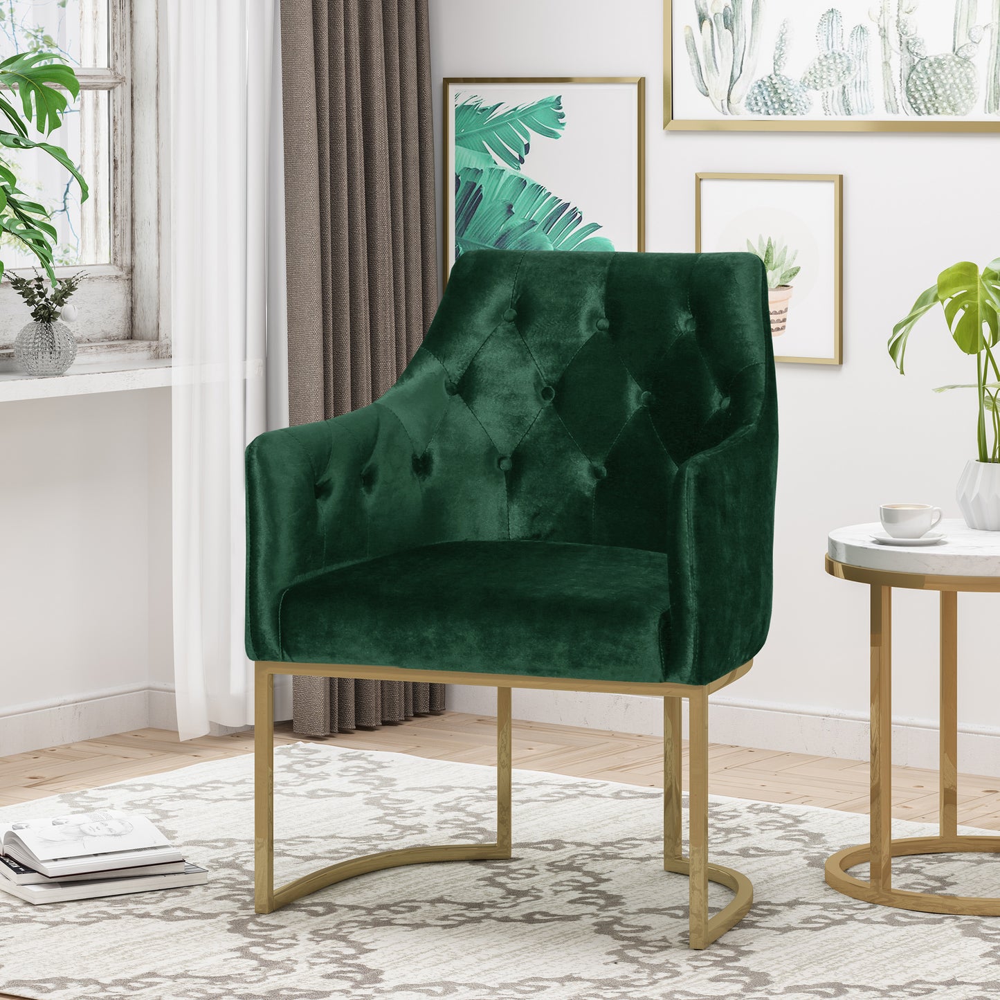 Fern Modern Tufted Glam Accent Chair with Velvet Cushions and U-Shaped Base
