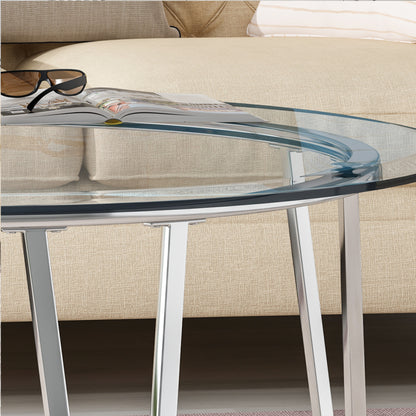 Tylenn Modern Iron Coffee Table with Round Tempered Glass Top, Silver