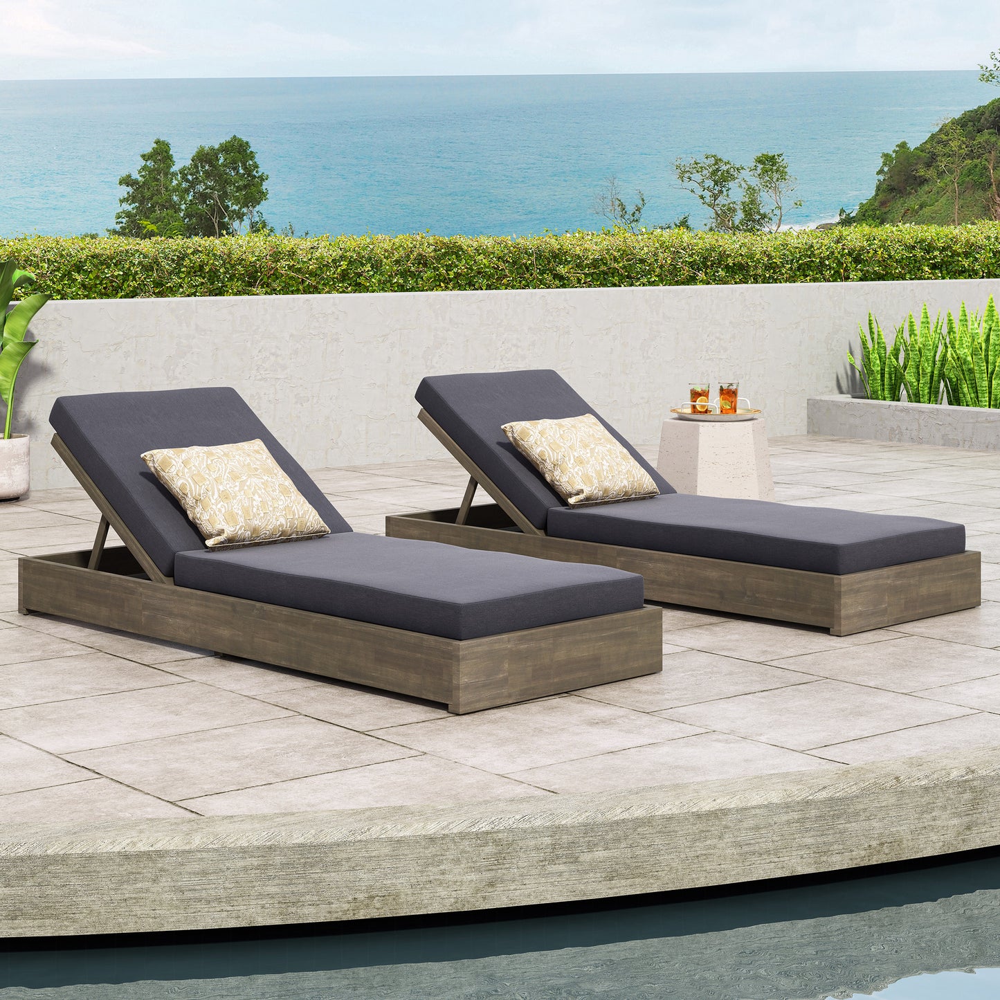 Niyanna Outdoor Acacia Wood Chaise Lounge with Cushion (Set of 2)