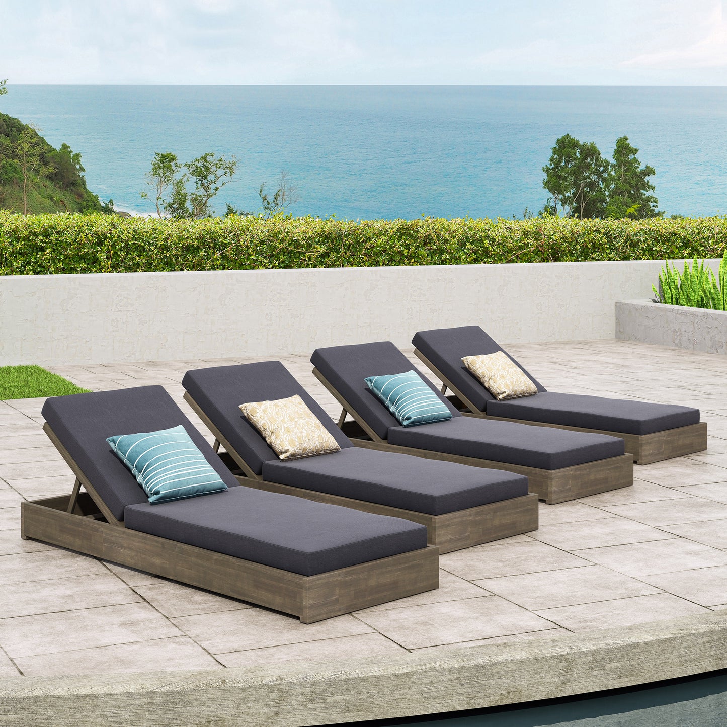 Niyanna Outdoor Acacia Wood Chaise Lounge with Cushion (Set of 4)