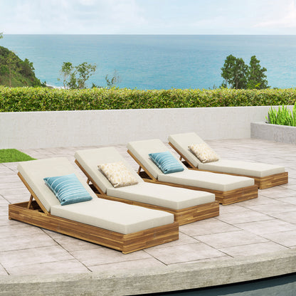 Niyanna Outdoor Acacia Wood Chaise Lounge with Cushion (Set of 4)