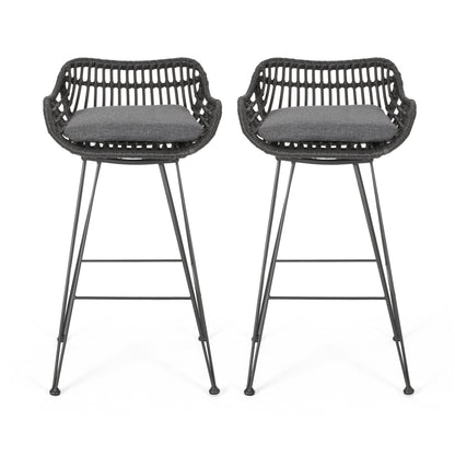 Lisa Outdoor Wicker Barstools with Cushions (Set of 2)