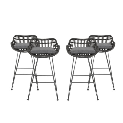 Isador Outdoor Wicker Barstools with Cushions (Set of 4)