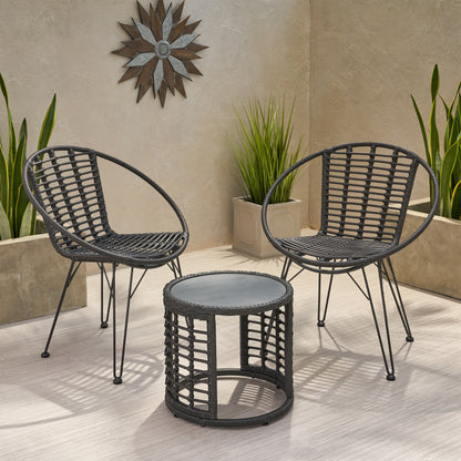Zeferino Outdoor Modern Boho 2 Seater Wicker Chat Set with Side Table
