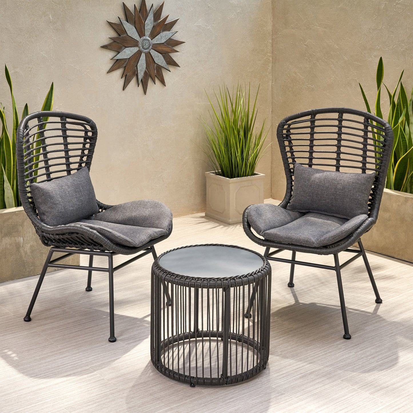 Keslynn Outdoor Modern Boho 2 Seater Wicker Chat Set with Side Table