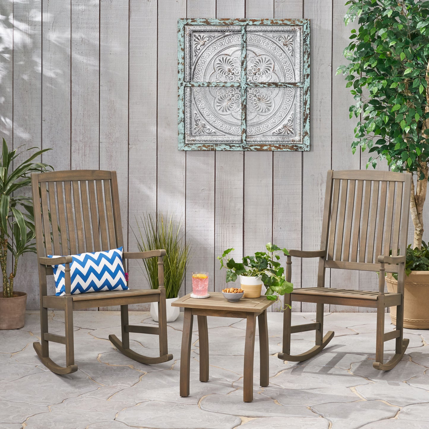 Verna Outdoor 2 Seater Acacia Wood Rocking Chairs and Side Table Set