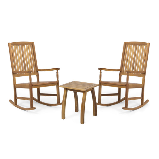 Verna Outdoor 2 Seater Acacia Wood Rocking Chairs and Side Table Set