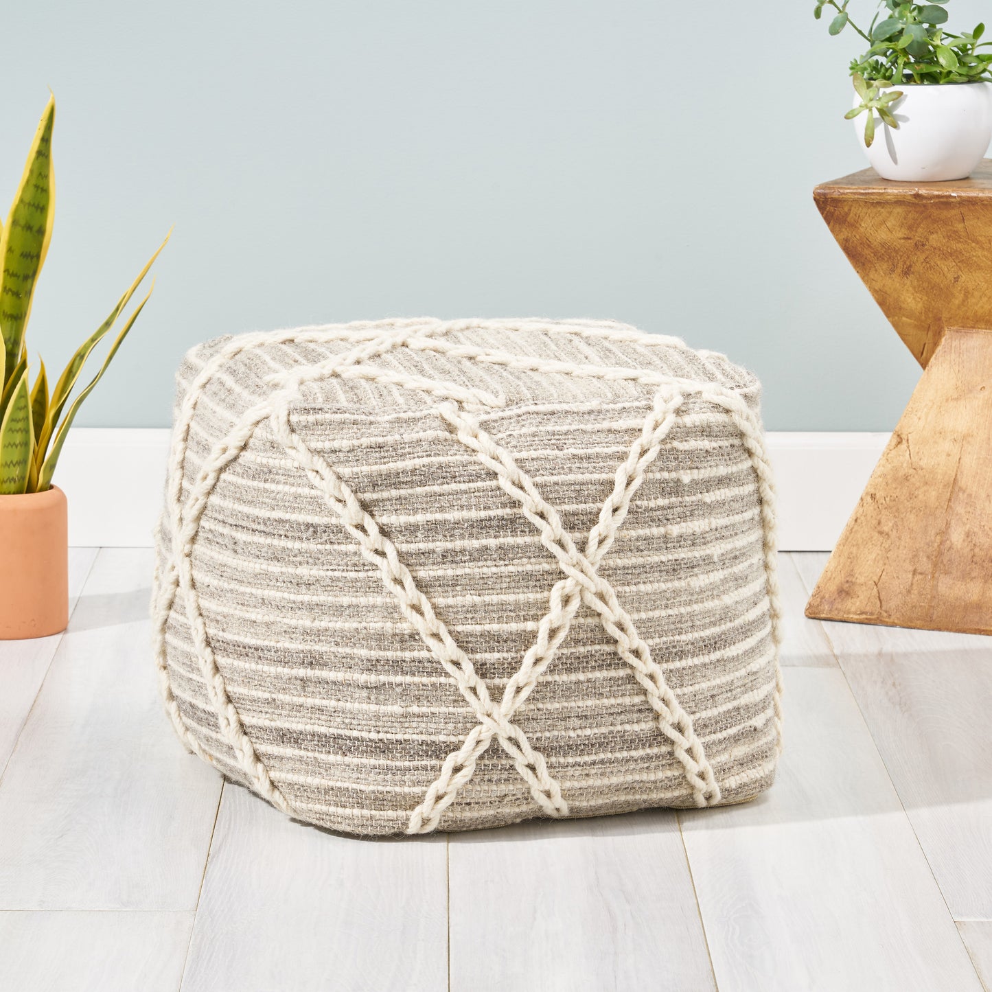 Naylea Contemporary Wool and Cotton Pouf Ottoman