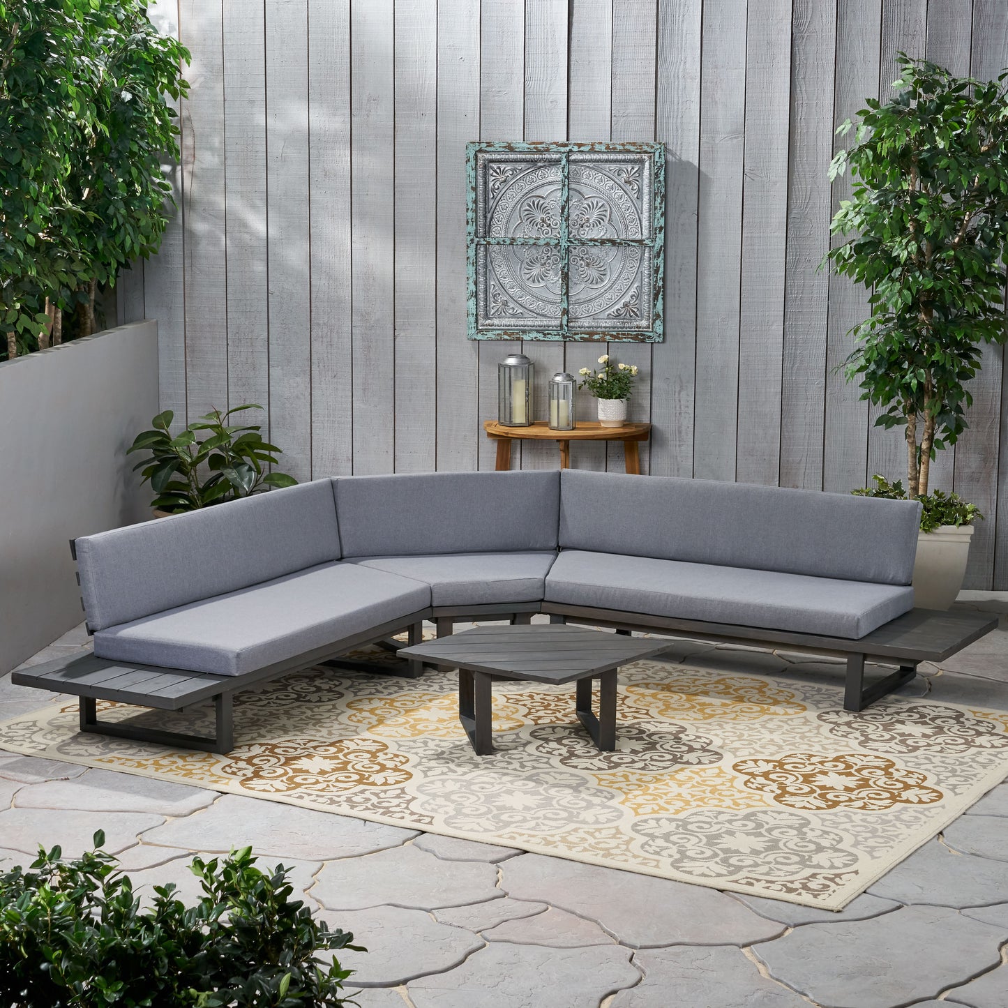 Manna Outdoor Acacia Wood 5 Seater Sectional Sofa Set with Water-Resistant Cushions