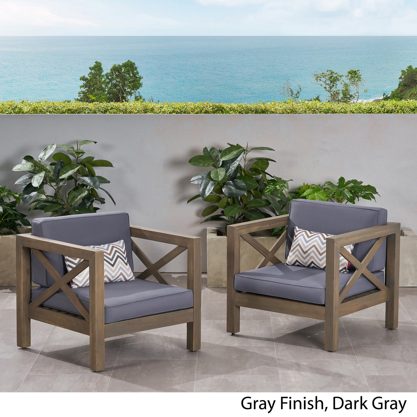 Indira Outdoor Acacia Wood Club Chairs with Cushions (Set of 2)