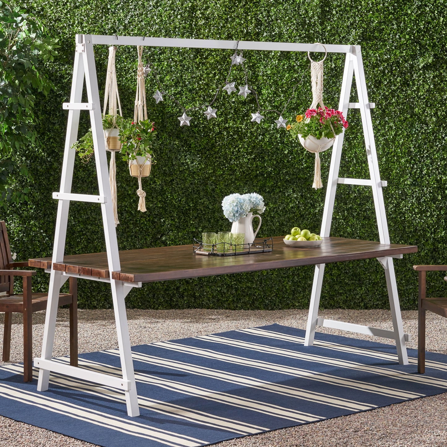 Brora Outdoor Acacia Wood 88.5" Dining Table with Iron Plant Hanger