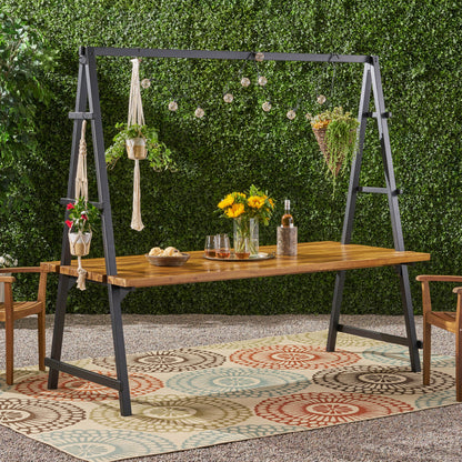Brora Outdoor Acacia Wood 88.5" Dining Table with Iron Plant Hanger
