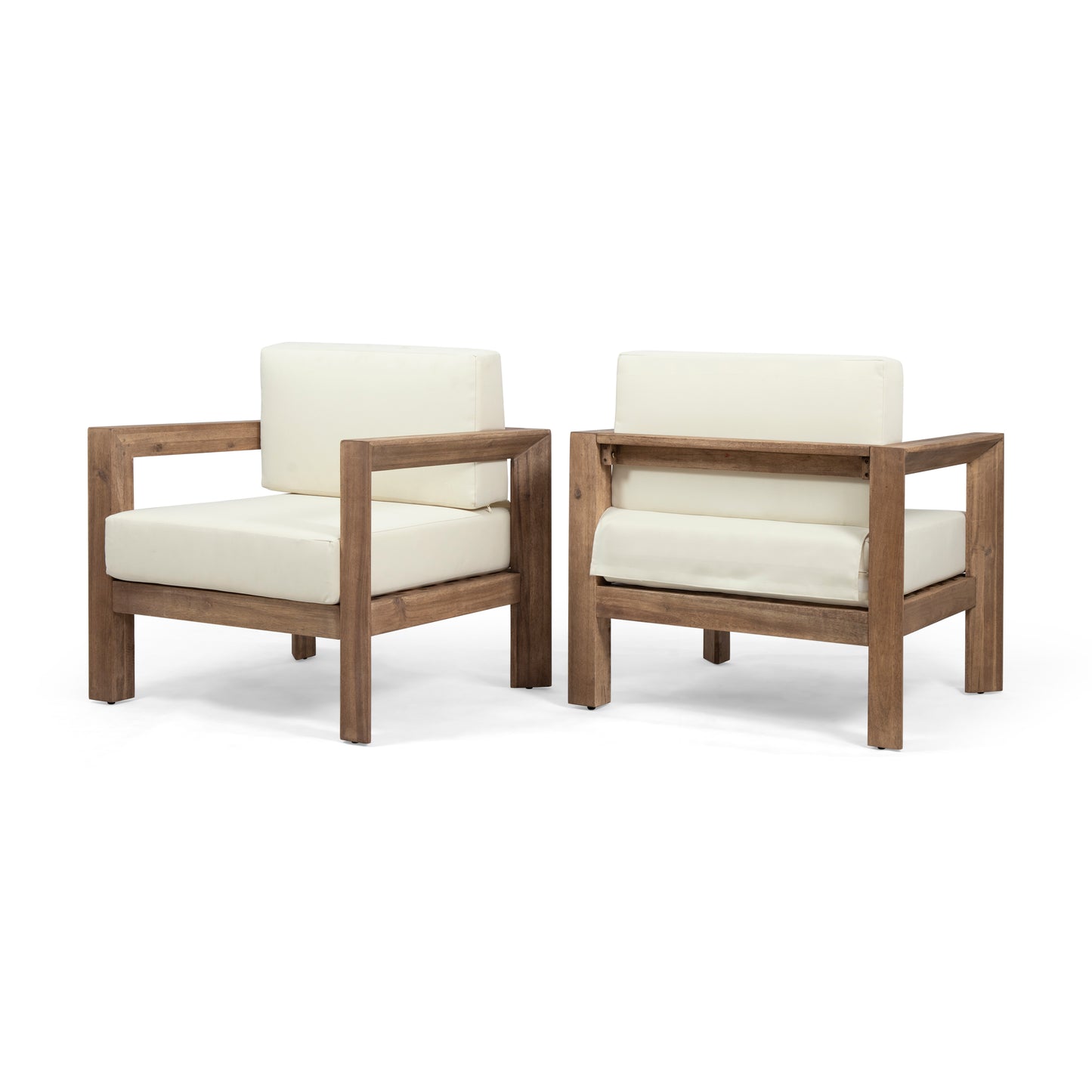 Lucia Outdoor Wooden Club Chairs with Cushions (Set of 2), Beige and Brown Finish