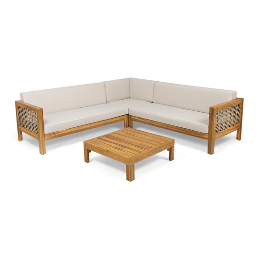Elizabeth Outdoor Wood and Wicker 5 Seater Sectional Sofa and Coffee Table Set