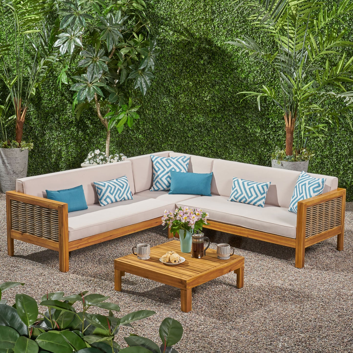 Elizabeth Outdoor Wood and Wicker 5 Seater Sectional Sofa and Coffee Table Set