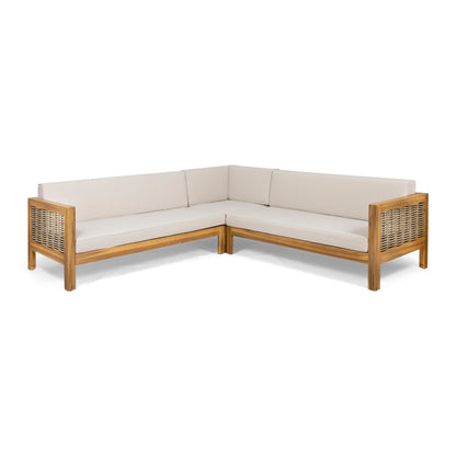 Theresa Outdoor Wood and Wicker 5 Seater Sectional Sofa Set