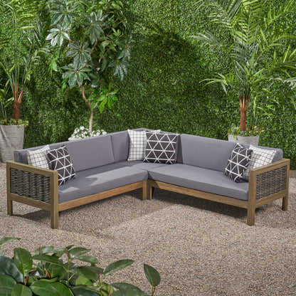 Theresa Outdoor Wood and Wicker 5 Seater Sectional Sofa Set