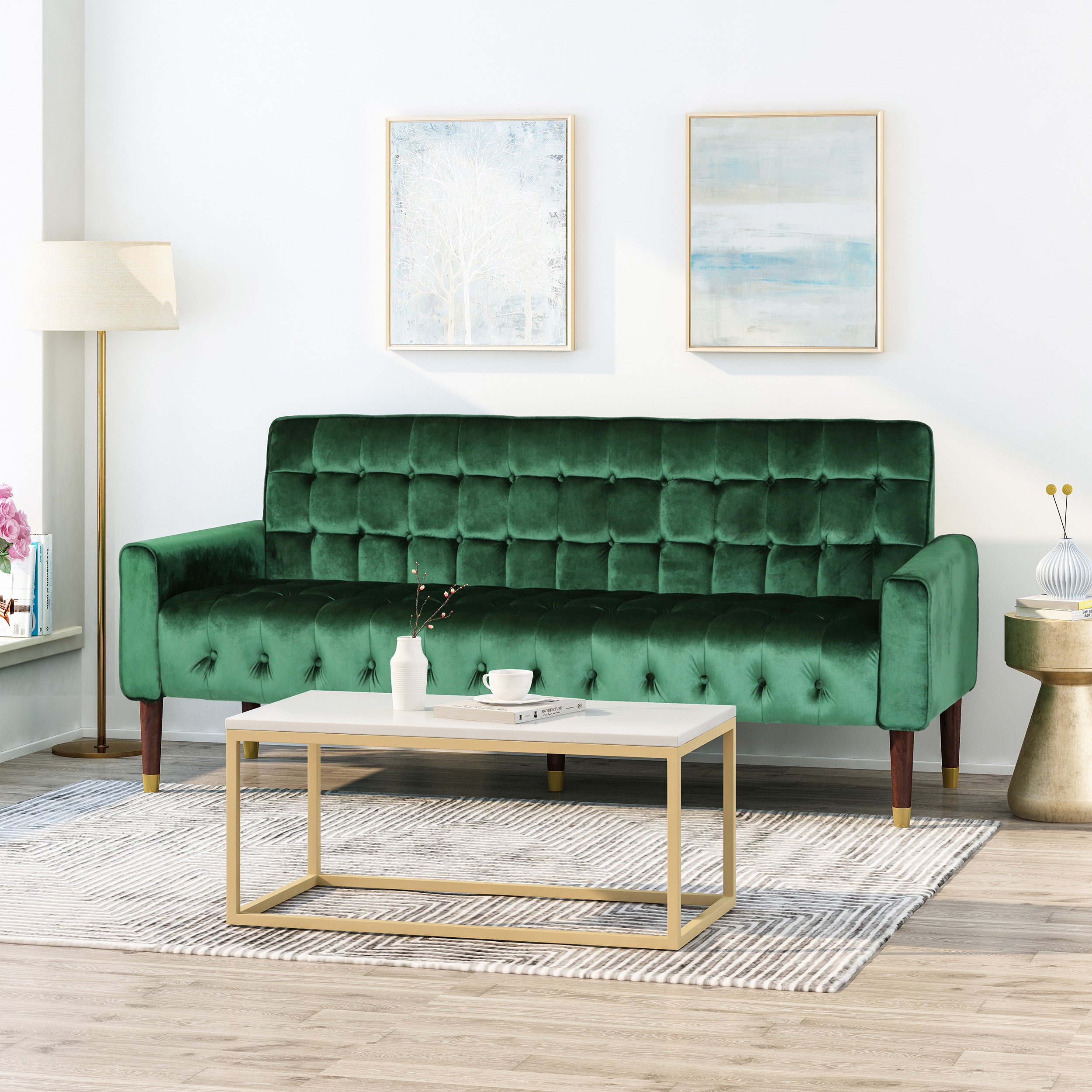 Adan Tufted Velvet Sofa with Gold Tipped Tapered Legs GDFStudio