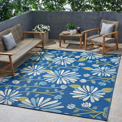 Berwyn Outdoor Floral Area Rug, Blue and Ivory