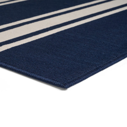 Julia Outdoor Stripe Area Rug, Navy and Ivory