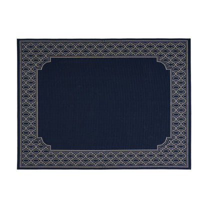 Madeline Outdoor Border Area Rug, Navy and Ivory