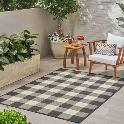 Jessica Outdoor Check Area Rug, Black and Ivory