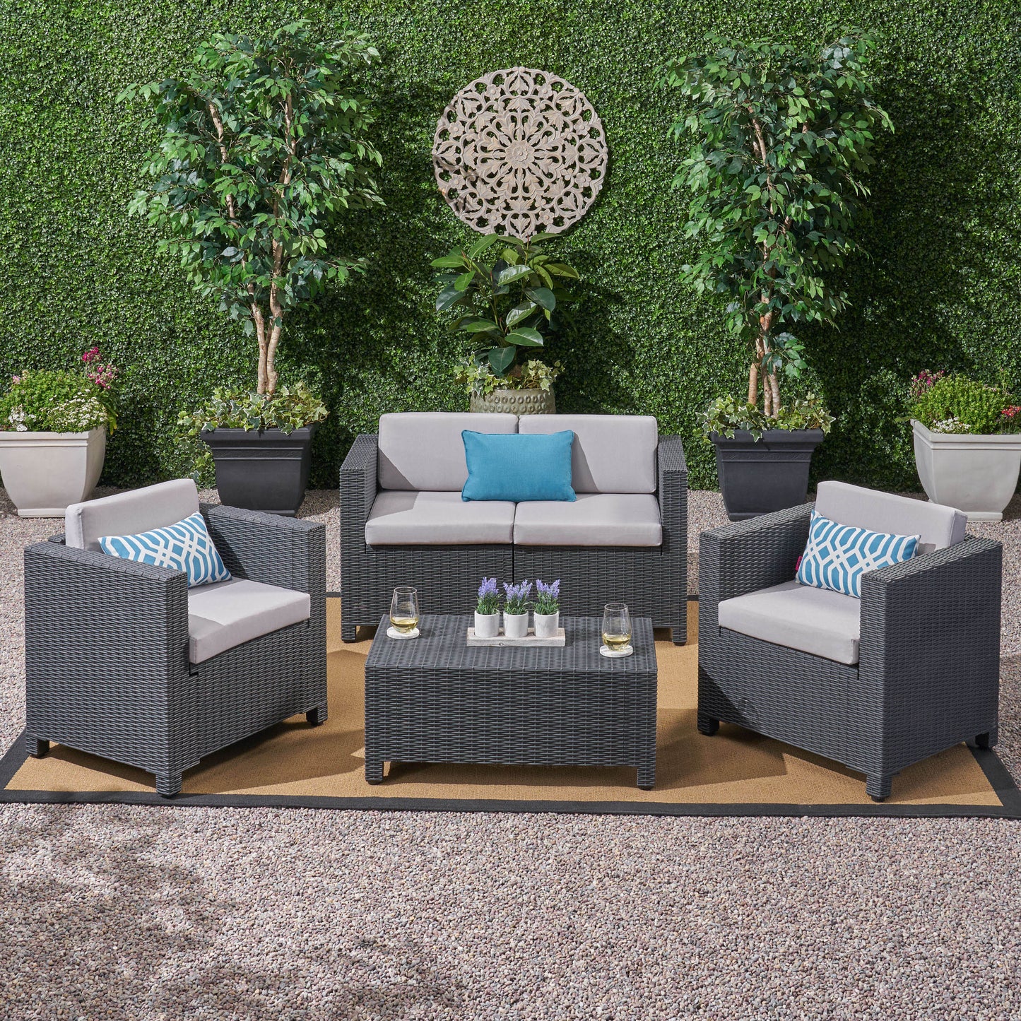 Riley Outdoor All Weather Faux Wicker 4 Seater Chat Set with Cushions
