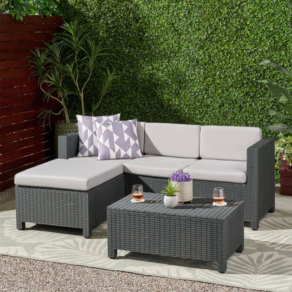 Riley Outdoor Faux Wicker Print 3 Seater Sectional Set with Ottoman