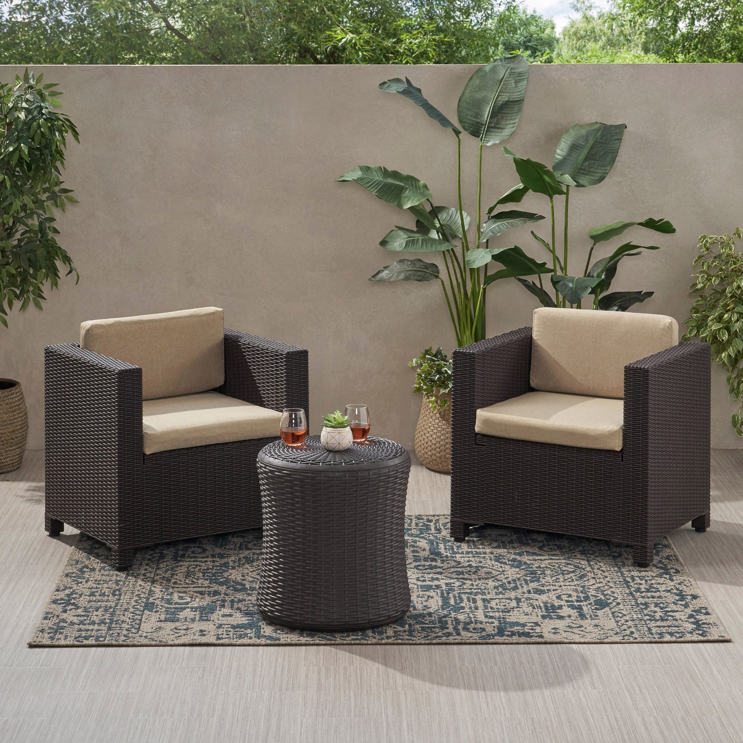 Iven Outdoor 2 Seater Faux Wicker Chat Set with Cushions
