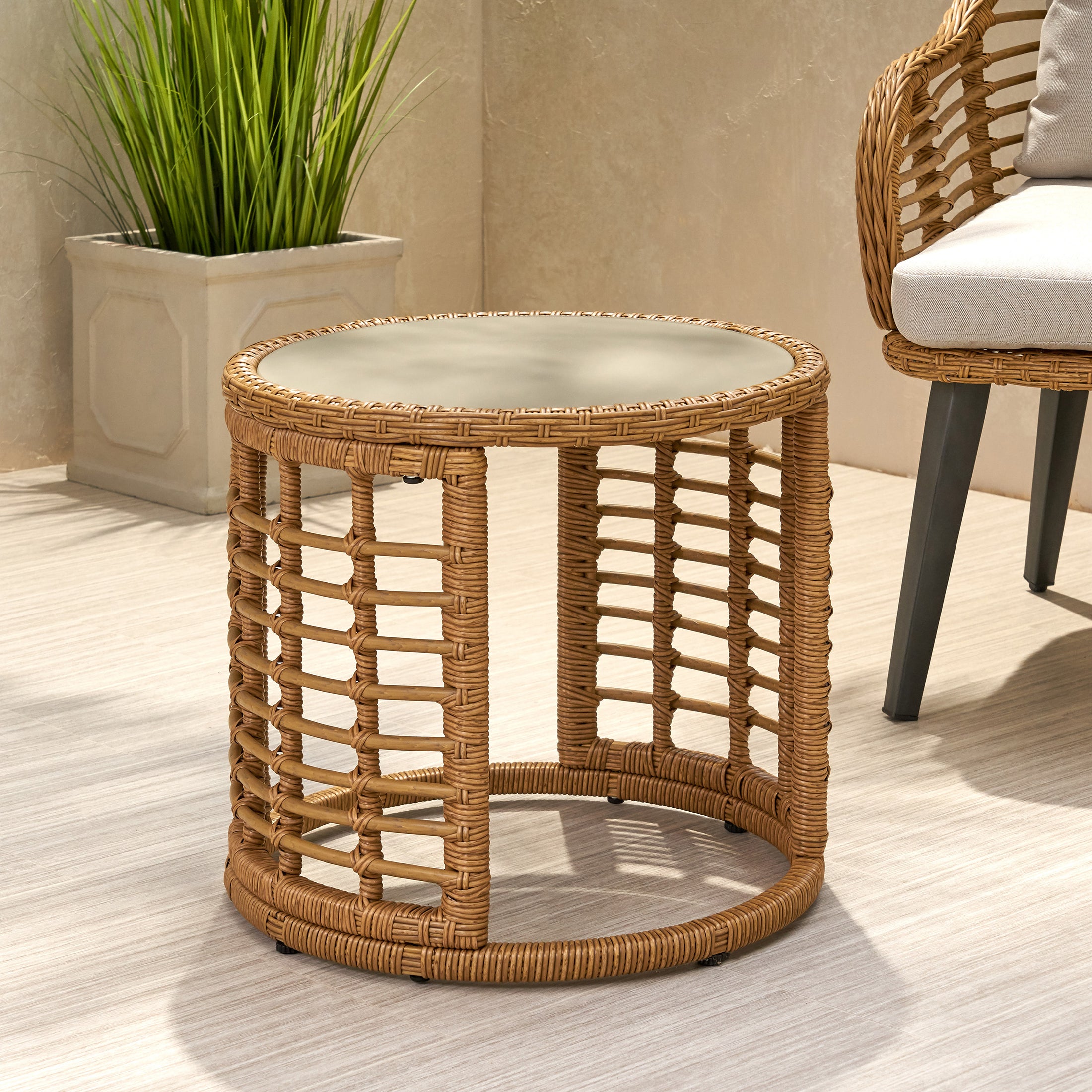 Evvy Outdoor Modern Boho Wicker Side Table with Tempered Glass Top ...