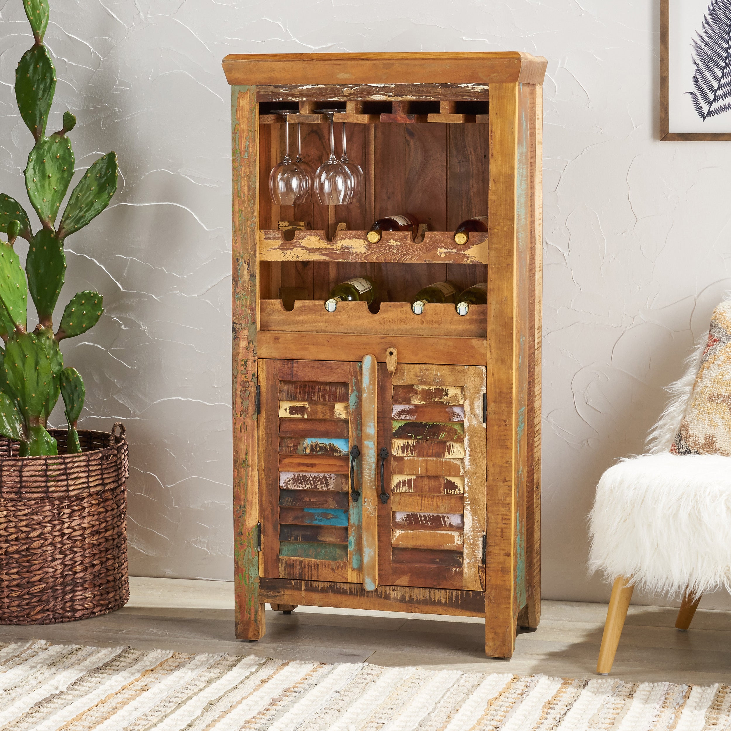 Sandy Shabby Reclaimed Wood Wine Rack Bar Cabinet GDFStudio