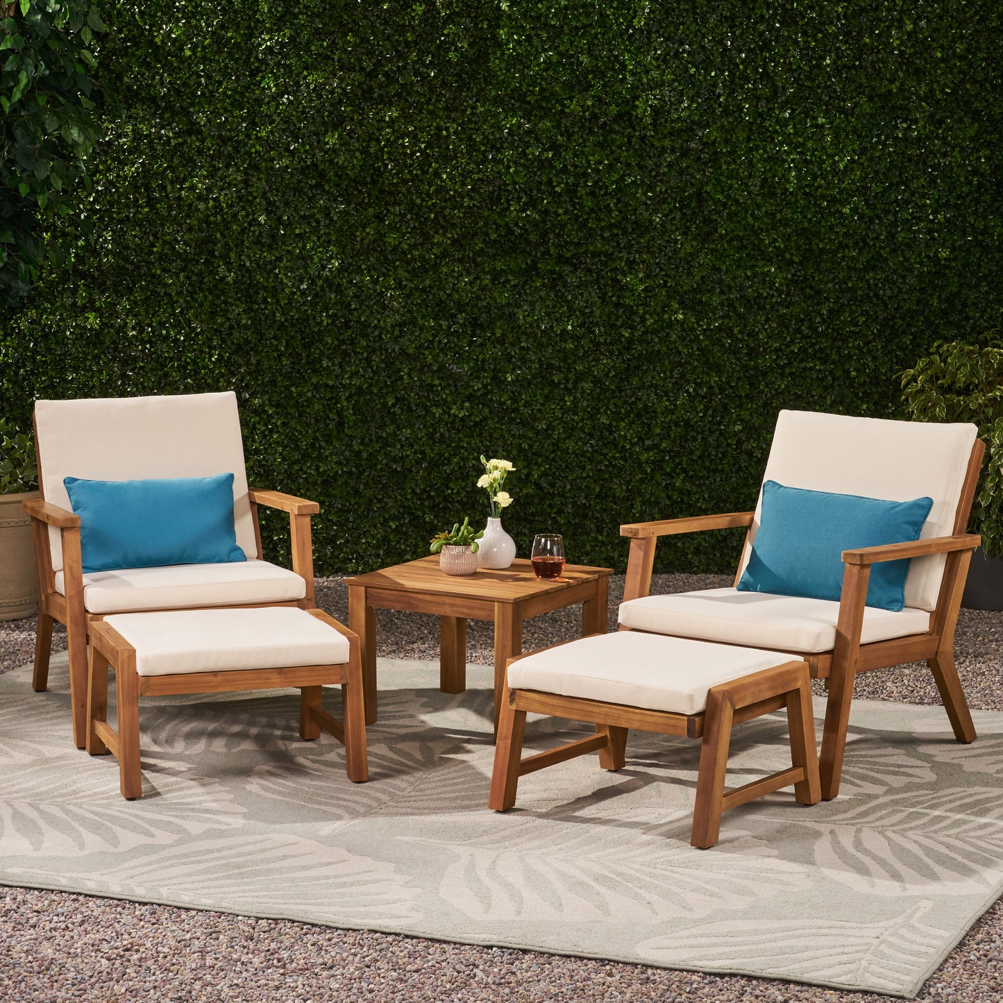 Avacyn Outdoor Mid-Century Modern Acacia Wood 2 Seater Chat Set with Ottomans