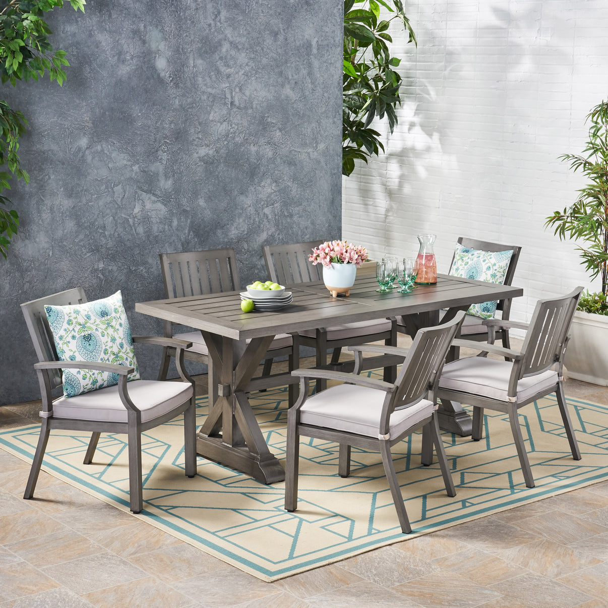 Zoey Outdoor Modern 6 Seater Aluminum Dining Set with Cushions GDFStudio