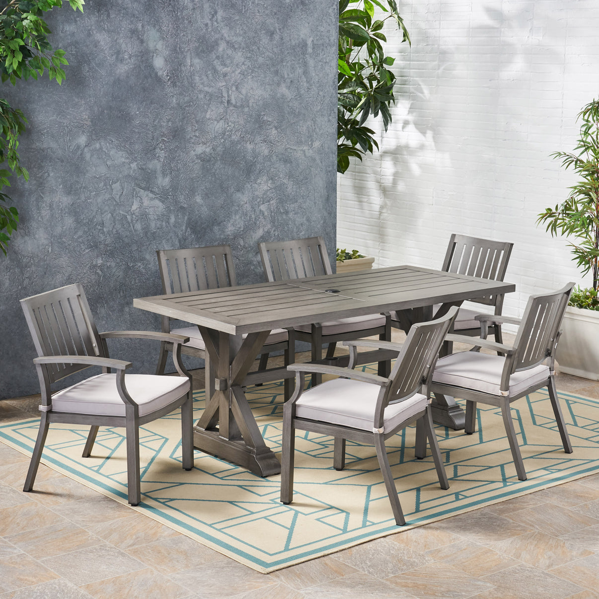 Zoey Outdoor Modern 6 Seater Aluminum Dining Set with Cushions GDFStudio