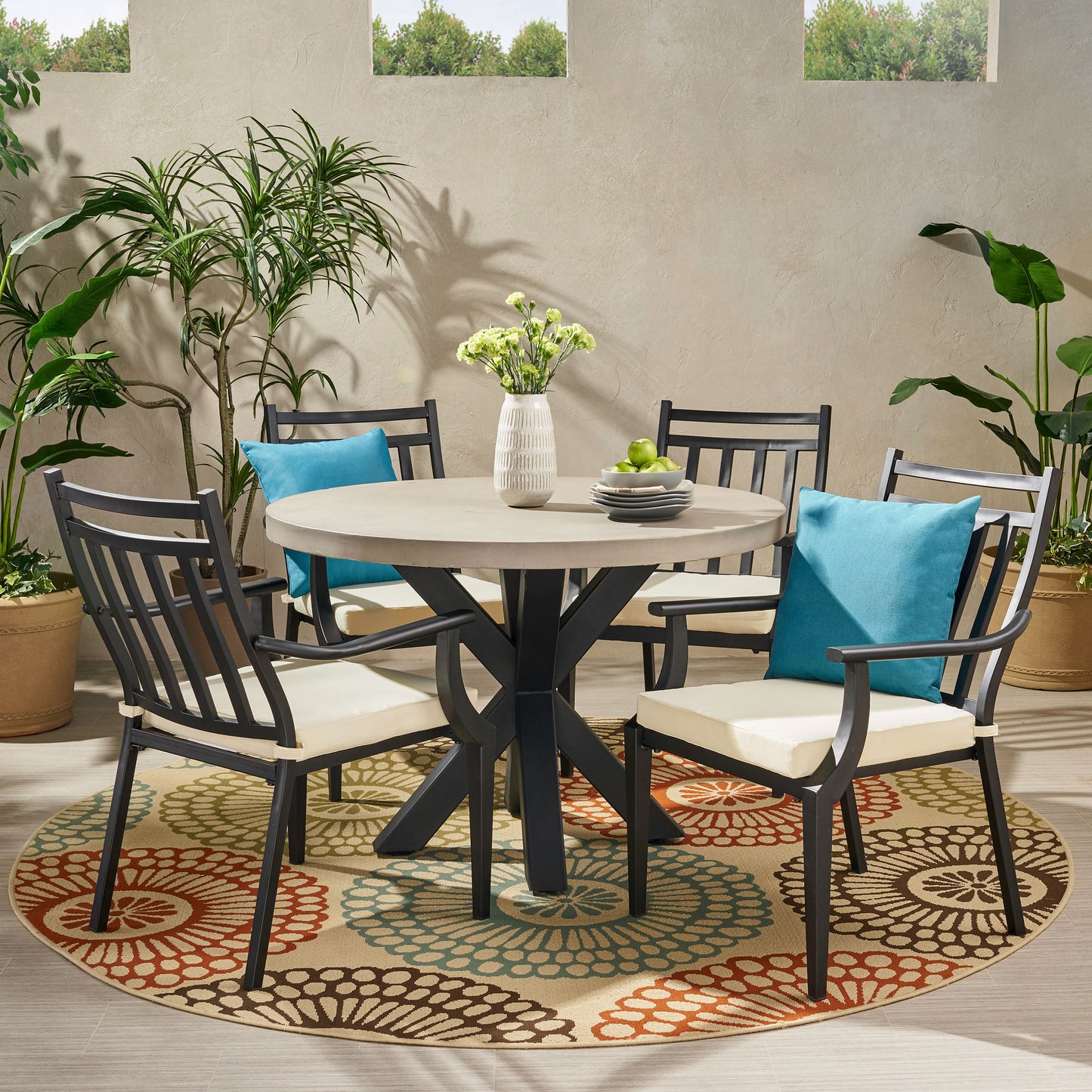 Olive Outdoor 5 Piece Dining Set with Light Weight Concrete Table