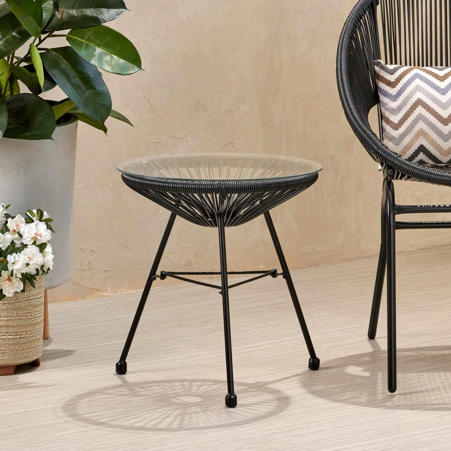 Chrissy Outdoor Modern Faux Rattan Side Table with Tempered Glass Top