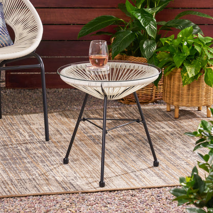 Novia Outdoor Modern Faux Rattan Side Table with Tempered Glass Top