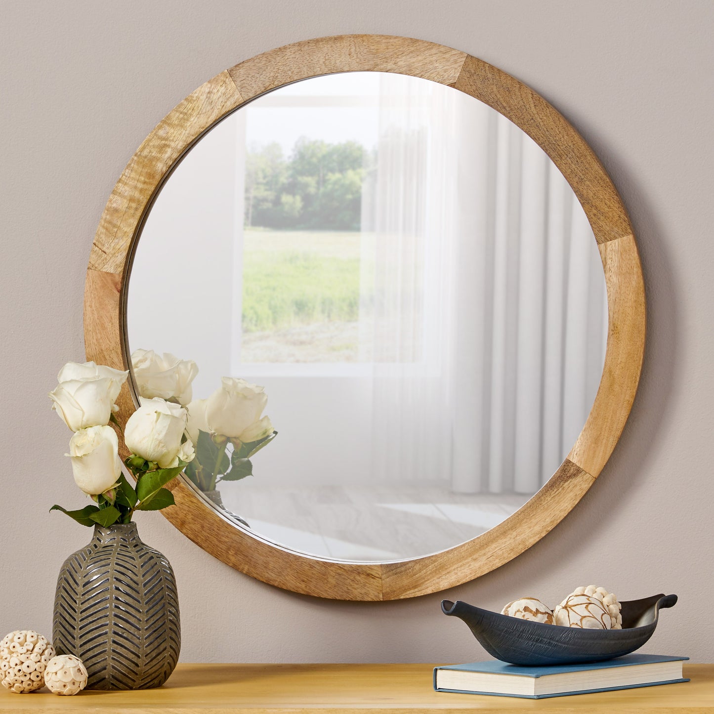 Heather Modern Round Mirror with Mango Wood Frame