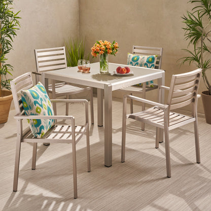 Cherie Outdoor Modern 4 Seater Aluminum Dining Set with Tempered Glass Table Top