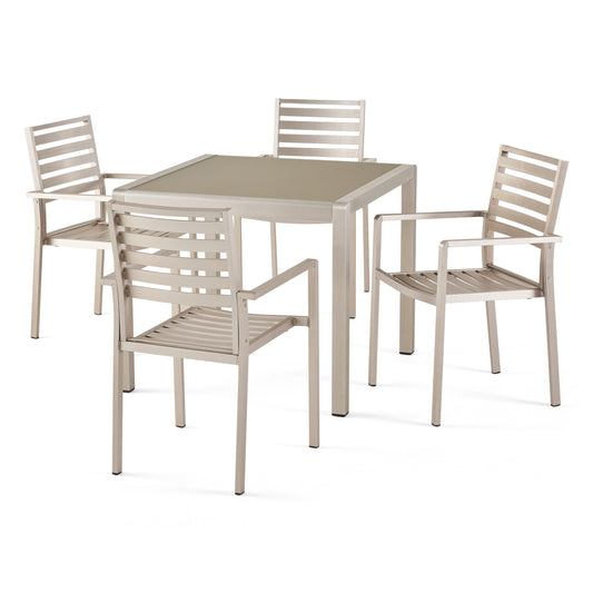 Cherie Outdoor Modern 4 Seater Aluminum Dining Set with Tempered Glass Table Top