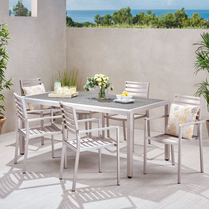 Cherie Outdoor Modern 6 Seater Aluminum Dining Set with Wicker Table Top