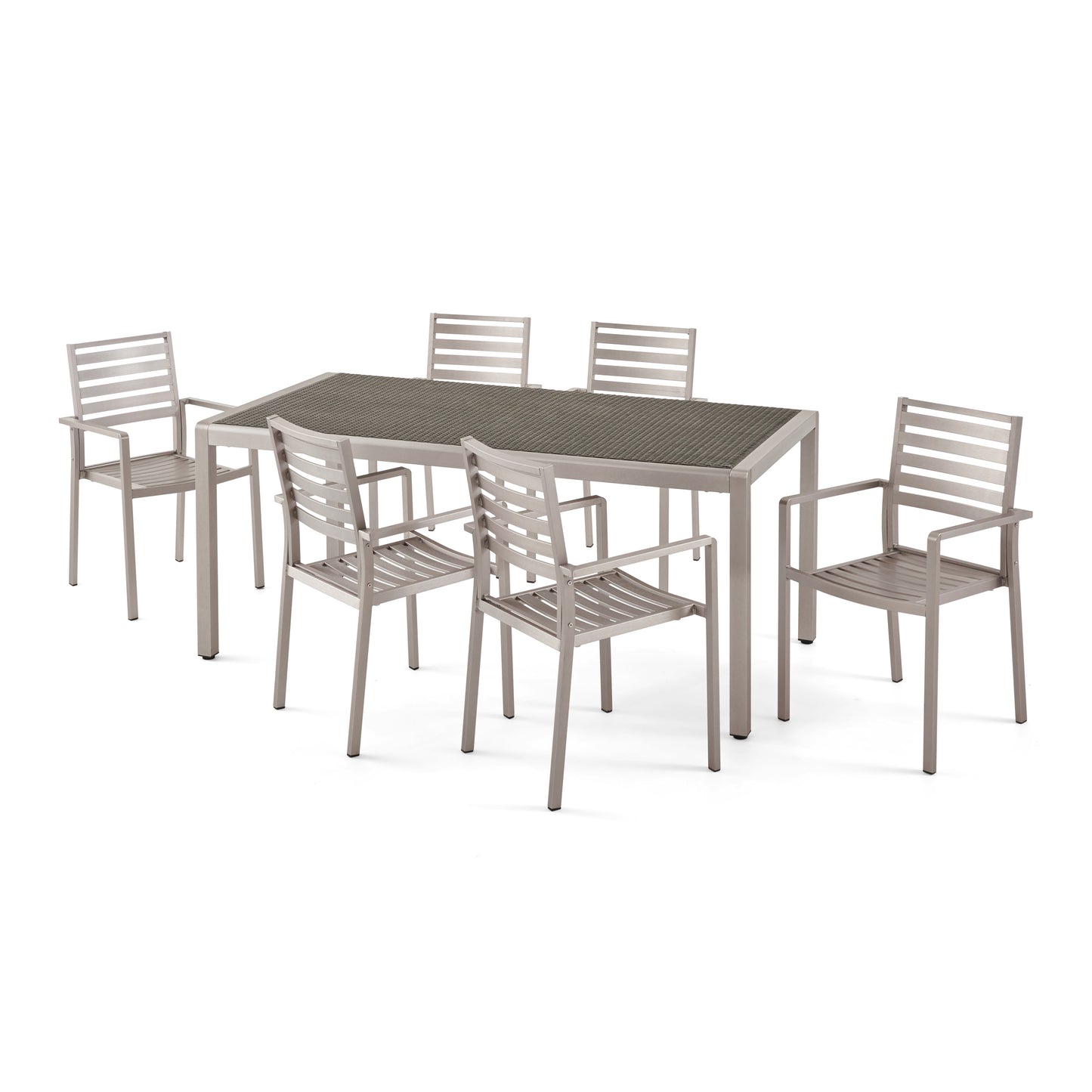 Cherie Outdoor Modern 6 Seater Aluminum Dining Set with Wicker Table Top