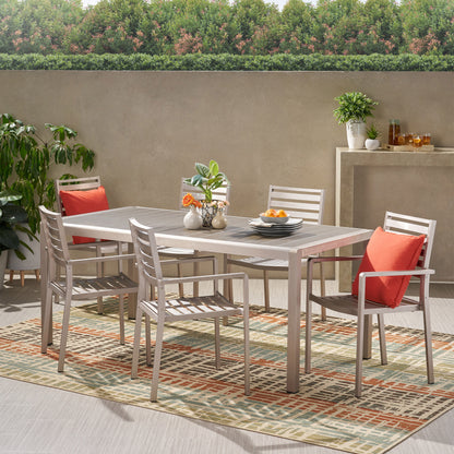 Cherie Outdoor Modern 6 Seater Aluminum Dining Set with Faux Wood Table Top